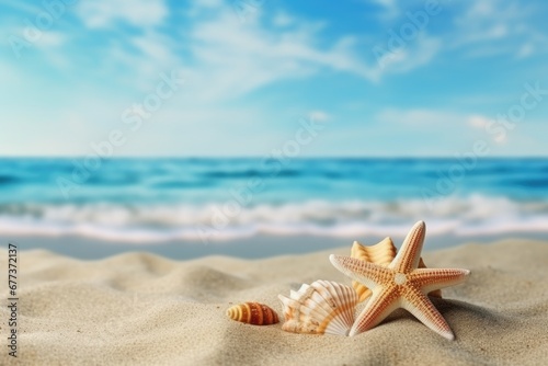 Close-up view of star fish and shells conch on tropical sand beach. Tropical summer concept.