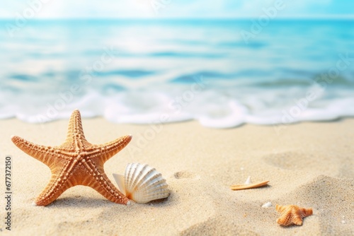 Close-up view of star fish and shells conch on tropical sand beach.  Tropical summer concept.