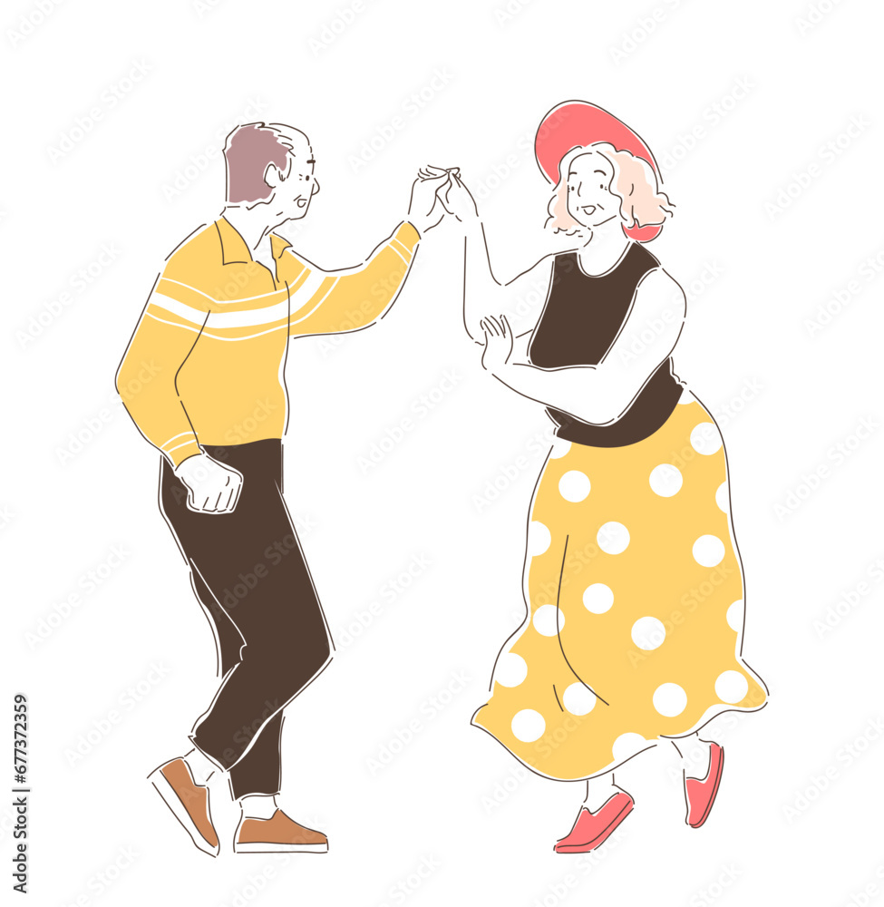 Elderly couples dancing doodle. Active lifestyle and leisure. Grandmother and grandfather. Old man and woman. Poster or banner. Cartoon flat vector illustration isolated on white background Elderly couples dancing doodle. Active lifestyle and leisure. Grandmother and grandfather. Old man and woman. Poster or banner. Cartoon flat vector illustration isolated on white background