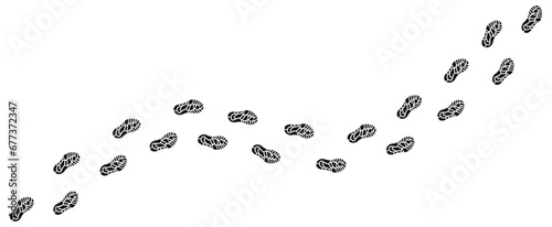 Human step footprints paths. Trace of foot prints of person in boots or sneakers. Track from shoe sole prints. Road of human feet. Footstep trekking. Step by step. Silhouette Vector isolated on white