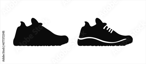 Sneaker. Black and white icon, silhouette. Vector illustration isolated on white background. Shoes for sports. Simple flat graphics. Design element, pictogram, logo.