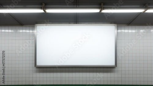 A white billboard in a subway station, displaying advertisements and information. © OKAN