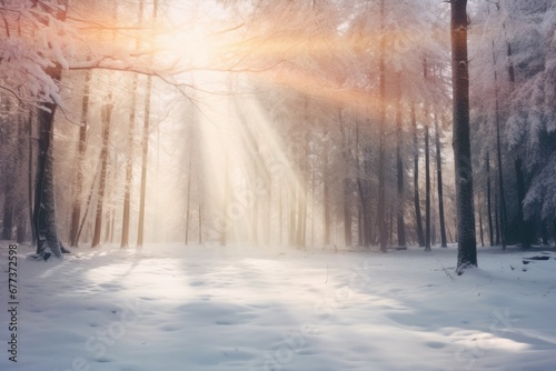Foggy winter forest with snow and sun light ray. Winter seasonal concept.