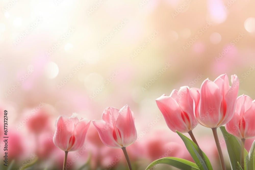 Beautiful tulip at sunrise with variable colors in field in Spring. Blurred bokeh background for text. Spring seasonal concept. - obrazy, fototapety, plakaty 