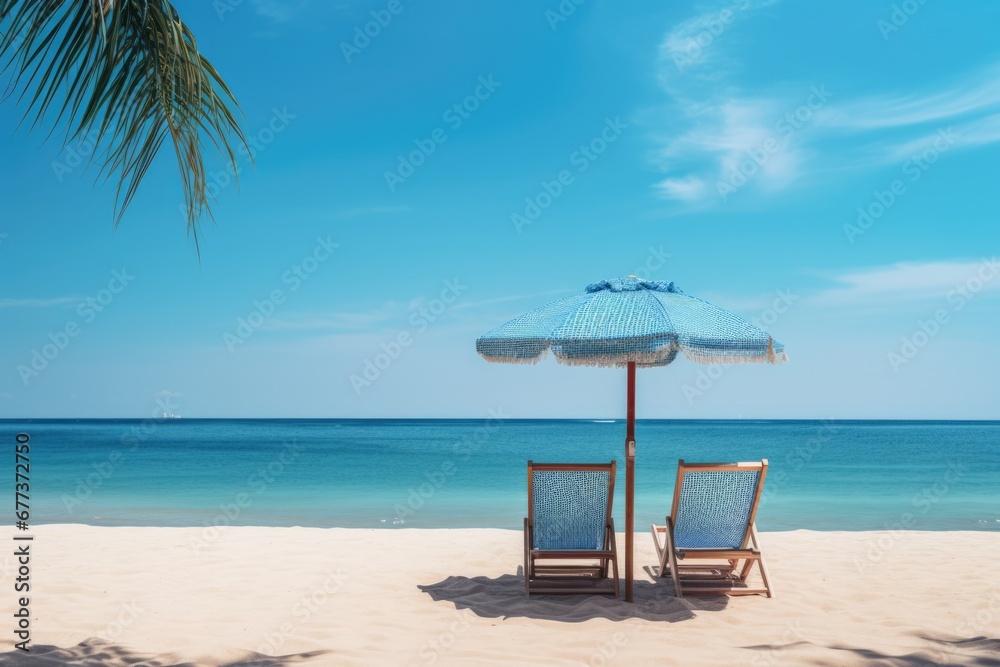 Beach chair with umbrella in luxury resort with beautiful seascape on beach. Summer tropical vacation concept.