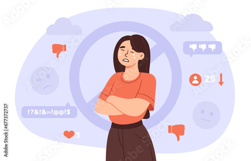 Emotional content concept. Sad woman with negative emotions. Frustration about messengers informations. Mental health and psychology. Cartoon flat vector illustration isolated on white background