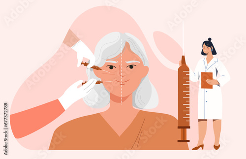 Face lifting concept. Woman in medical uniform with syringe near elderly person. Skin and face care. Fight against wrinkles. SPA treatment and medicine. Cartoon flat vector illustration