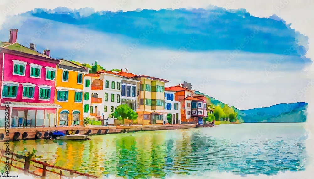 Colorful apartments by the lake painting in watercolor style.