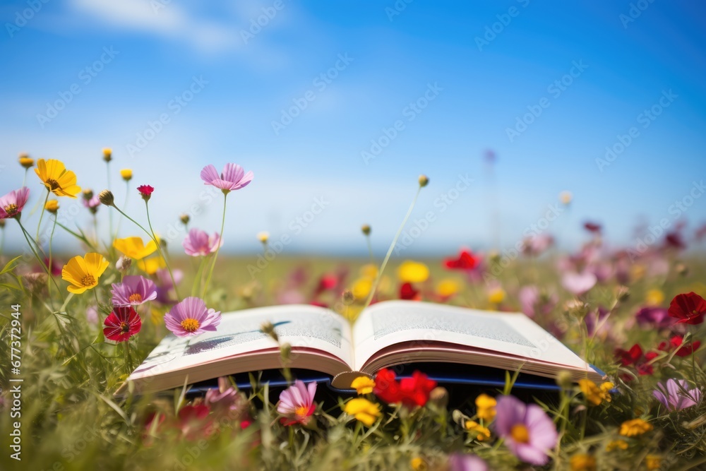 An opened book in wild flower field in wild with variable colors in Spring. Spring seasonal concept.