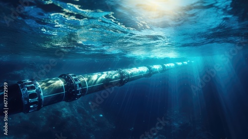 Underwater oil pipeline traversing through the deep blue ocean, a symbol of industrial transfer and energy transportation.