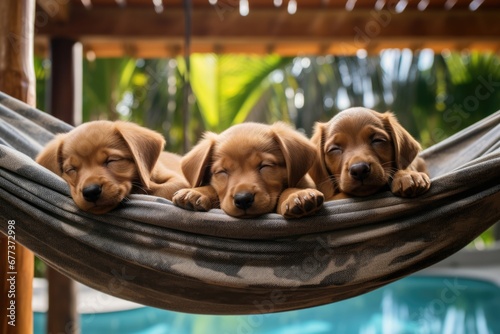 Three relaxed puppy dog sleep on a hammock at a beach resort in Summer.