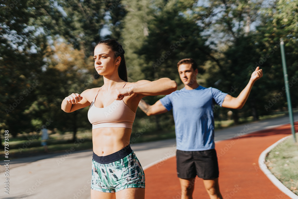 Obraz premium Caucasian couple challenge themselves with rigorous outdoor exercises in a sunny park. Sporting professional athletic gear, they warm up, stretch, and workout to maintain their healthy lifestyle.