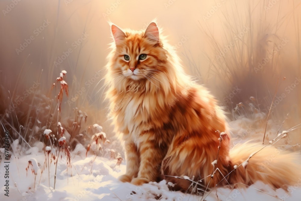 Beautiful Red Fluffy Cat Basking in the Sunlight, Surrounded by the Serene Winter Forest