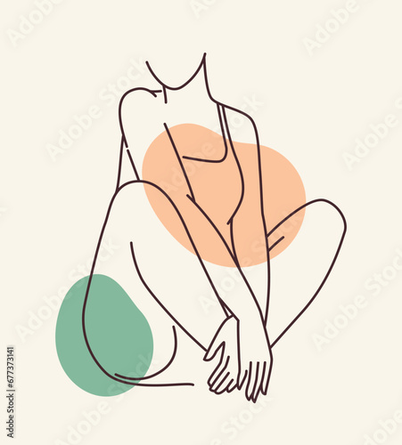 Femaly body line concept. Minimalistic creativity and art. Aesthetics and elegance. Sexy woman sits in white bra. Flyer and leaflet. Linear flat vector illustration isolated on beige background