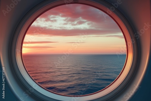 Window view of beautiful sunset seascape from luxury cruise ship in sea. Vacation travel concept.