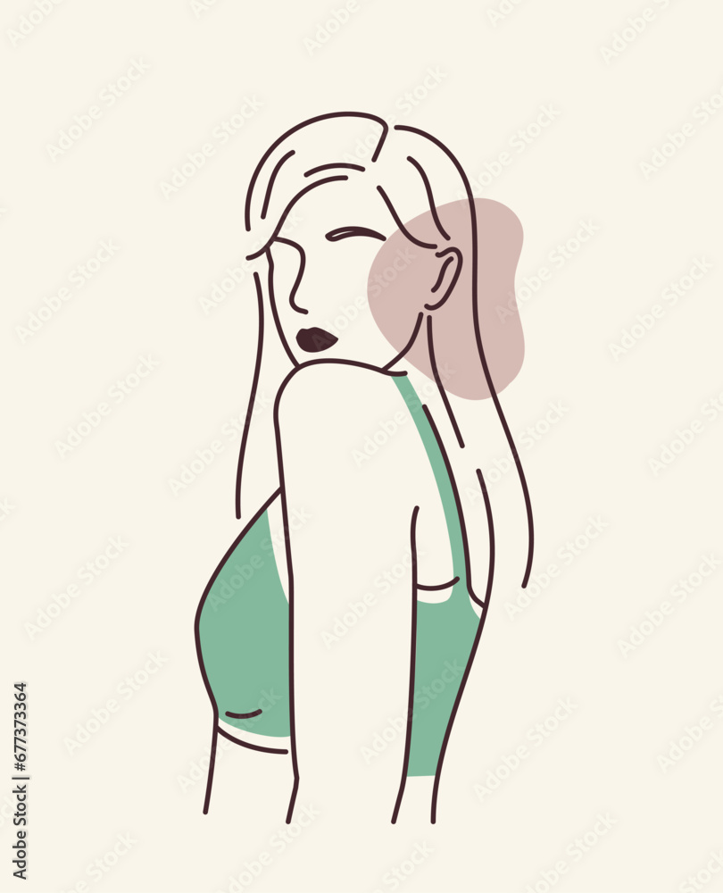 Femaly body line concept. Minimalistic creativity and art. Aesthetics and beauty. Sexy girl in green top. Fashionable magazine. Linear flat vector illustration isolated on beige background Femaly body line concept. Minimalistic creativity and art. Aesthetics and beauty. Sexy girl in green top. Fashionable magazine. Linear flat vector illustration isolated on beige background