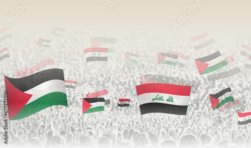 Palestine and Iraq flags in a crowd of cheering people.