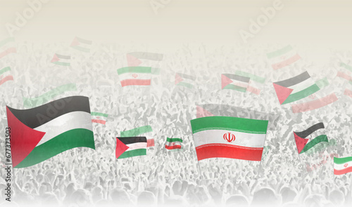 Palestine and Iran flags in a crowd of cheering people.