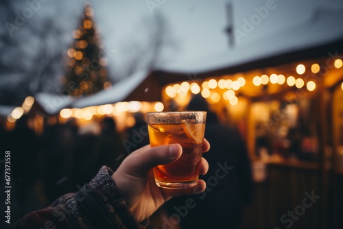 Enjoy the Cozy Festivities. Person Holding Steaming Cup of Mulled Wine in Snowy Christmas Market photo