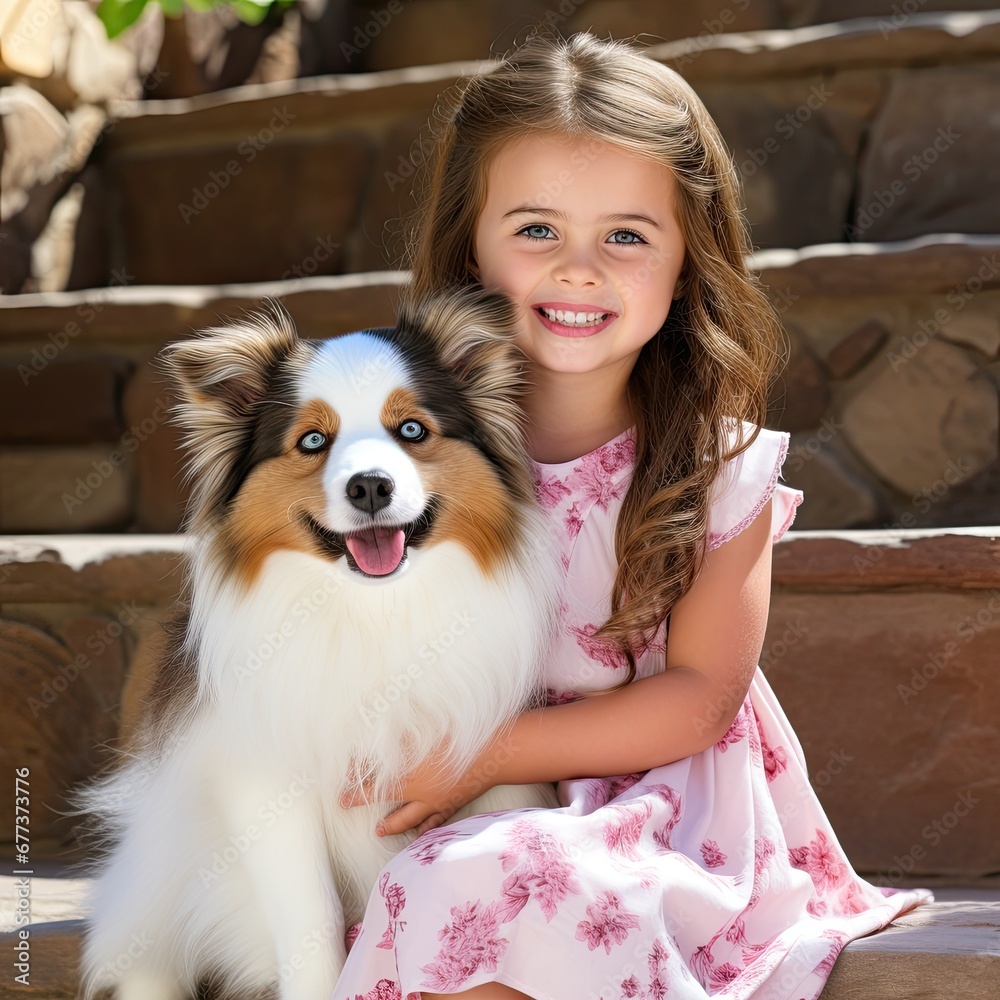 AI-generated illustration of an outdoor portrait of a young girl and her pet dog. MidJourney. AI-generated illustration of an outdoor portrait of a young girl and her pet dog. MidJourney.