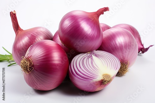  purple onion slices on top of one another, red onions on a white background