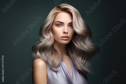 Dreamy, enigmatic, young European woman with well-groomed, pale skin, big blue eyes, plump lips, light-toned hair, wearing a lilac dress,  facing the camera in 3/4, posing on the dark green background
