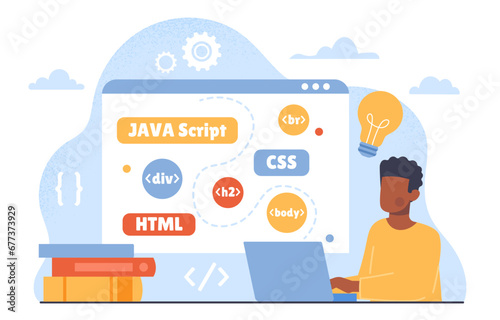 Frontend developer study. Man with laptop develop webpage for website IT specialist and programmer at workplace. Java script and CSS, programming languages. Cartoon flat vector illustration