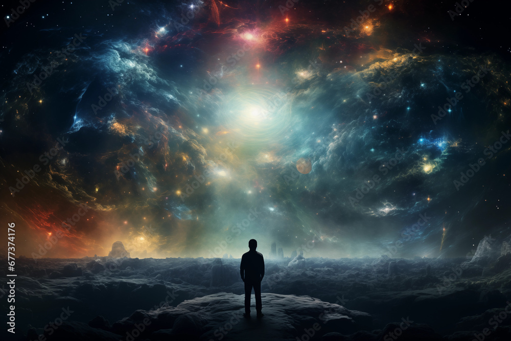 A person standing in a dark room, looking at a large picture of outer space. The image of space is a hologram, glowing with stars, galaxies, and nebulae. The person is in awe