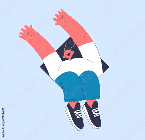 Funny doodle person peeks out. Man go out from geometric figure rhombus shape. Abstract creativity and art. Social networks sticker. Cartoon flat vector illustration isolated on blue background