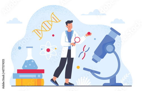 Genetics reserarching concept. Man in medical uniform near microscope with structure of DNA. Scientist connduct research and experiment in laboratory. Cartoon flat vector illustration