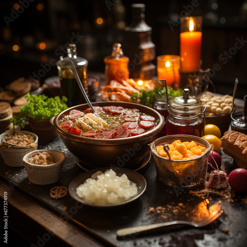 On a festively set table, a caquelon bubbles with broth for a traditional Fondue Bourguignonne. Various meats are skewered and dipped into the broth. © Wesley