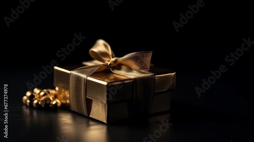 Golden gift box. Gift box with golden satin ribbon and bow on black background. Holiday gift with Birthday or Christmas present, flat lay, top view, happy mother day copy space. Decor concept. © IC Production