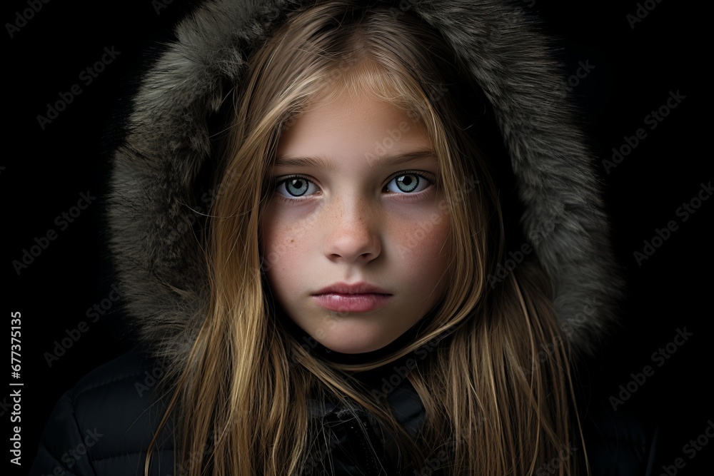 Closeup portrait of a beautiful little girl in winter coat isolated on black background Closeup portrait of a beautiful little girl in winter coat isolated on black background