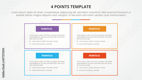 4 points stage template infographic concept for slide presentation with big box outline on matrix structure with 4 point list with flat style