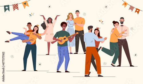 Happy young people party concept. Guys and girls with musical instruments plays, dance and sings. Event and festival. Cartoon flat vector illustration isolated on beige background