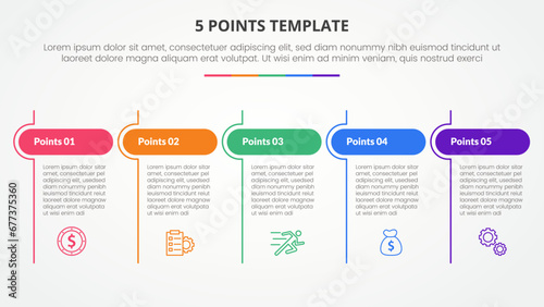 5 points stage template infographic concept for slide presentation with table round header and line divider with 5 point list with flat style