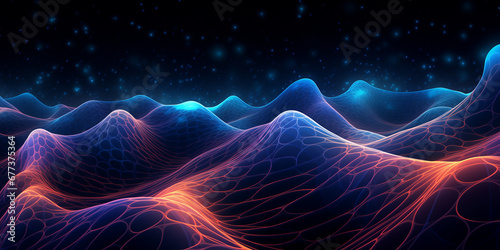 Vibrant Futuristic Landscape: Luminous Maya Structure in Orange, Magenta, and Blue Waves