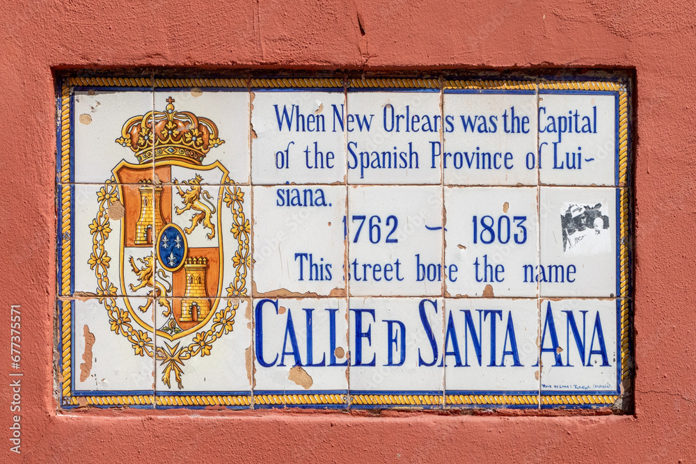 Fototapeta premium .old street name Calle de Santa Ana painted on tiles in the French quarter in New Orleans