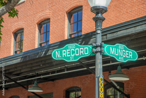street sign Munger and N Record at the historic district in Dallas, Texas photo