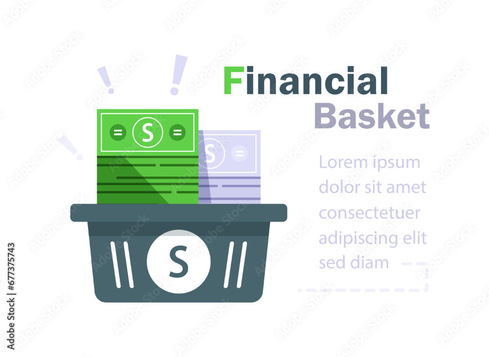 Financial diversification concept, Investment basket, budget planning, fund rising, split savings account, income growth Financial diversification concept, Investment basket, budget planning, fund rising, split savings account, income growth