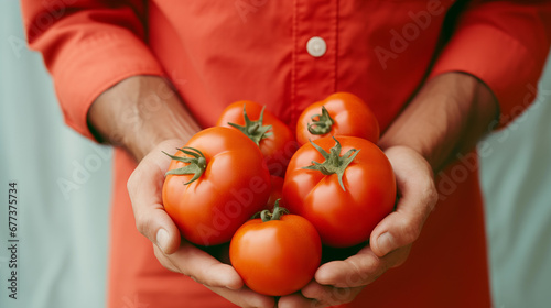 Man holds tomatoes in her hands. Ripe fresh red tomatoes. Healthy food, organic vegetables. Tomato close up. Natural vitamins, raw ingredient for eating. Handpicked bio tomato. Generated AI © Iuliia Pilipeichenko