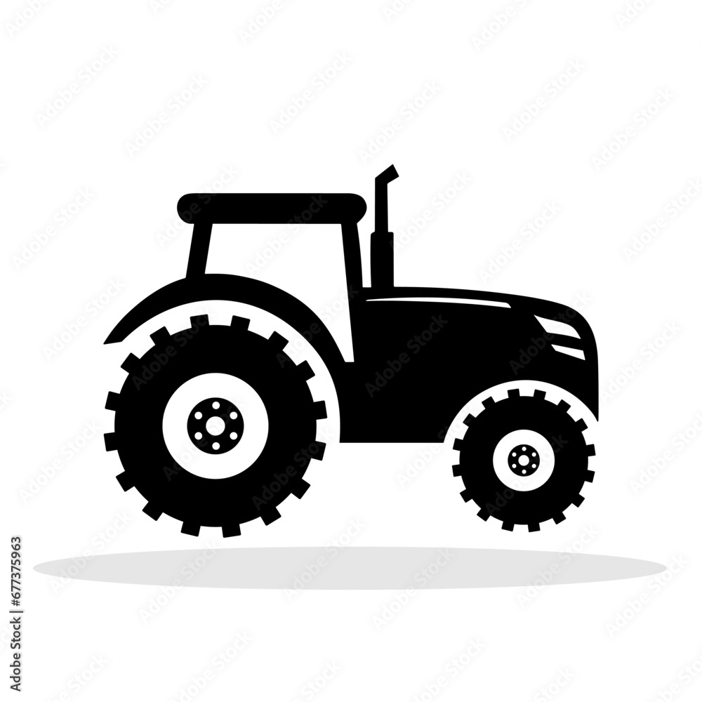 Tractor icon. Black silhouette of a tractor. Side profile of the tractor icon in flat style. Vector illustration.