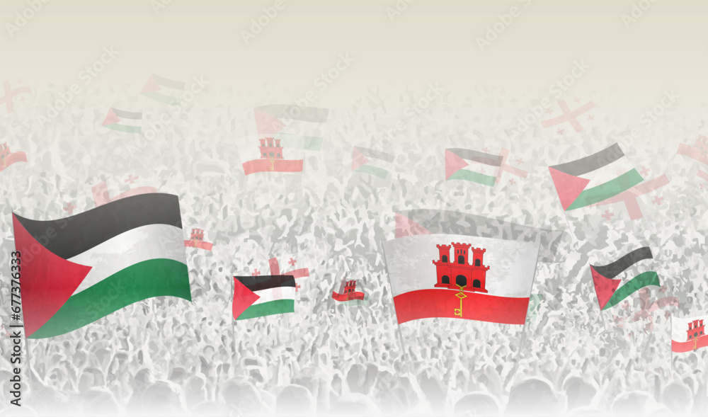 Palestine and Gibraltar flags in a crowd of cheering people.