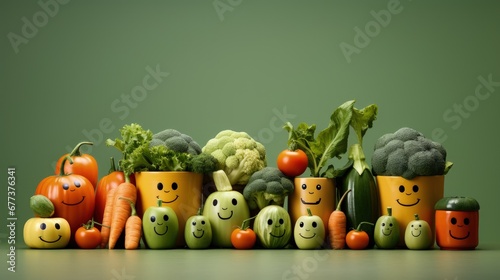 Vegetables fruit cartoon personality character, funny dietary ingredients of proper food, cute and funny products, grocery with human facial features .