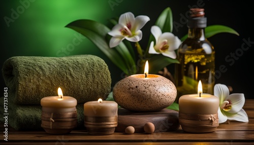Soothing spa treatment background with candles on dark surfaceempty space for personalized text.