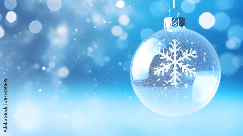Transparent Christmas ball with snowflake on the blue boke background Transparent Christmas ball with snowflake on the blue boke background