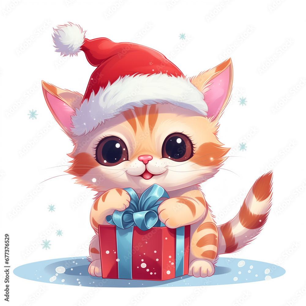 Transparent background, cartoon style, happy cute cat with Christmas booble hat pulling gift off