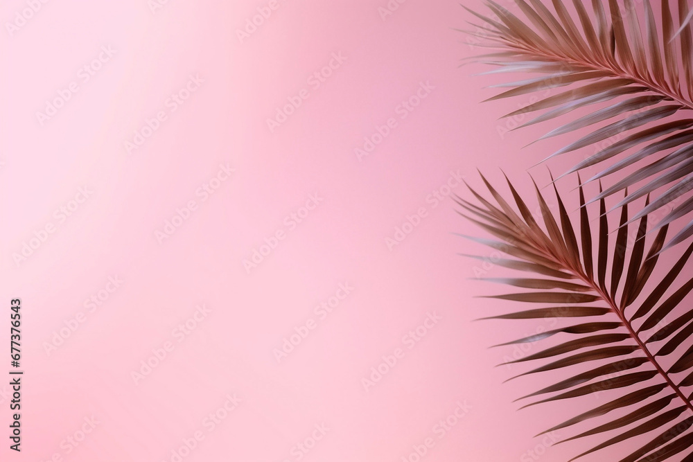 Beautiful versatile pink empty background, with shadow light, and palm tree leaves for product presentation