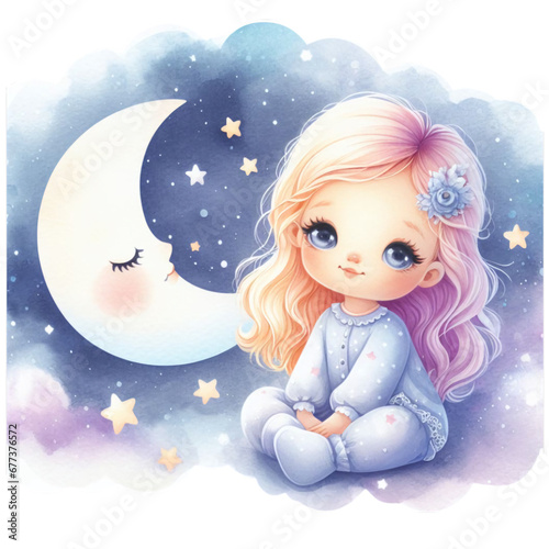 watercolor little girl in the moon