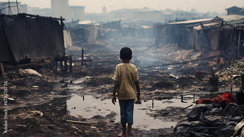 poor kid standing in the slum. view from behind photo
